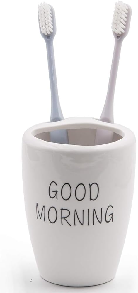 Airmoon Mini Ceramics Handmade Couple Toothbrush Holder Stand for Bathroom Vanity Countertops, Goog Morning, Versatile (Good Morning)…