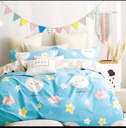 TIB 130 GSM Polycotton Printed Bedsheets for Double Bed with 2 Pillow Covers for Kids (Blue, 90X100 Inches)