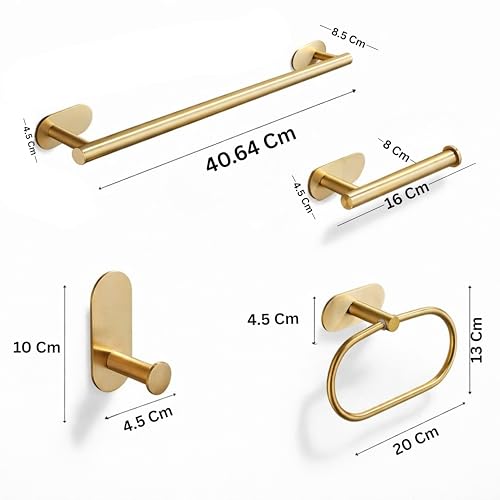 Image of JIALTO Bathroom Towel Holder | 4 Pcs Wall Mounted Bathroom Clothes Hanger with Adhesive Hooks | Towel Rod | Tissue Paper Holder | Bathroom Fittings Rod & Towel Stand (Gold, 4 - Pieces Set)