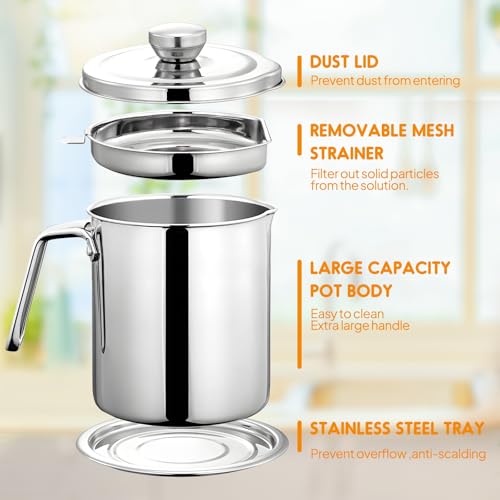 Image of Chihee Oil Strainer Pot Grease Can 2 L Stainless Steel Oil Storage Can Container with Fine Mesh Strainer Dust-proof lid Non-slip Plate Suitable for Storing Frying Oil and Cooking Grease | Easy to Clean Large Spout Bacon Grease Saver Cooking Oil Keeper Stoarge Can with Dust-proof Lid Non-slip Tray Kitchen Frying
