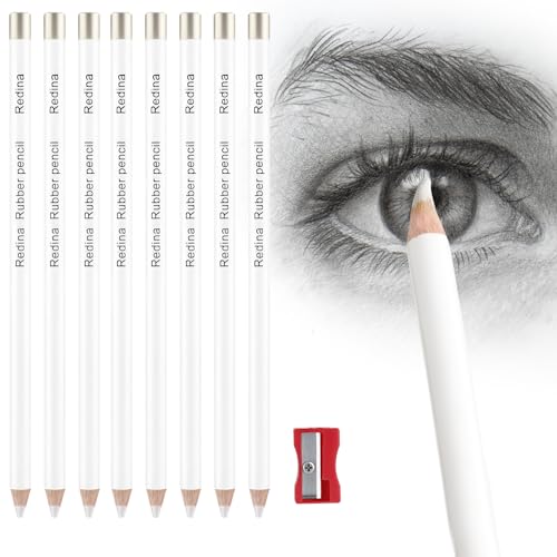 Prudiut Eraser Pencils for Artists White Wood Pencil Erasers Students - Sketching Charcoal Drawing Office School Supplies 8 Pack with Sharpener Revise Details Highlight Effect Safe Kids Stationery