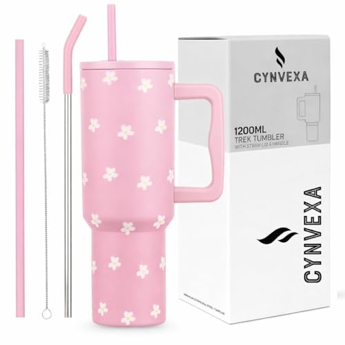 Image of CYNVEXA Tumbler with lid and Straw 1200ML Cup Stainless Steel Vacuum Insulated Tumbler for Water, Iced Tea or Coffee 1.2L Office Gym Travelling (Pink Flower)