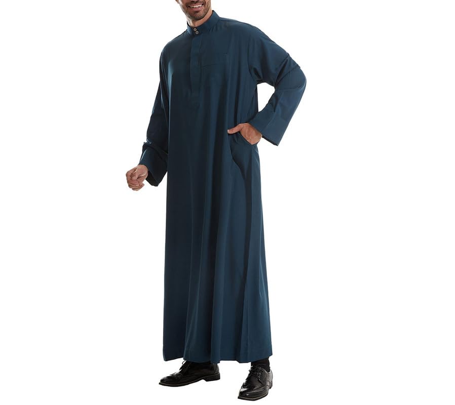 Men's Middle East Dubai Thobe Mens Muslim Long Sleeve Solid Kaftan Robe Saudi Arab Thobe2