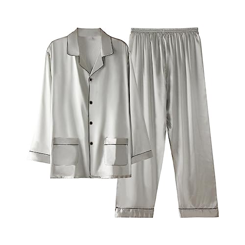 Pajamas for Men Spring and Long Sleeve Silk Ice Loungewear Thin Faux Suit