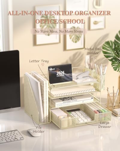 Image of WALI Desk File Organizer, 4 Tier Desktop Paper Letter Tray Organizer with Drawer and 2 Pen Holders, Office Desk Accessories & Workspace Organizers for Office, Home, School Supplies, 1 Pack, Gold