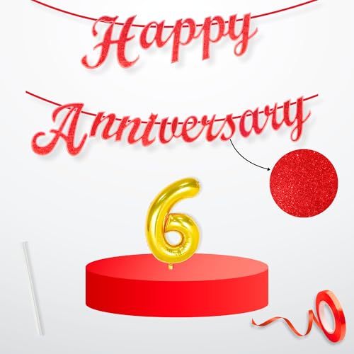 Image of Flyloons 6th Happy Anniversary Banner Red Decorations Kit for Men Women Wedding Anniversary Banner Items without Balloons
