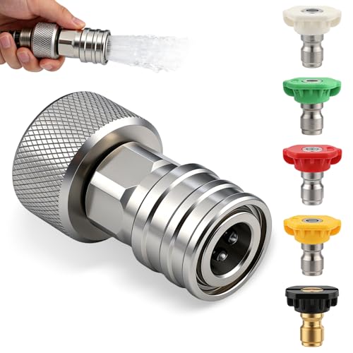 Garden Hose to Mini Power Washer Adapter-3/4 GHT to 1/4", Stainless Steel, Garden Hose Pressure Washer Attachment, Convert Water Hose to Power Washer Connector (Connector +5 Nozzle Set)