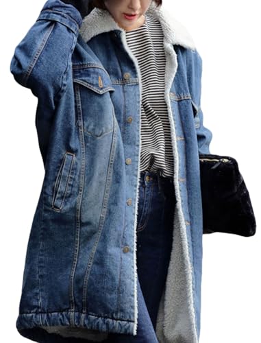 loveimgs Women Long Sherpa Fleece Lined Jeans Jacket Denim Trench Coat Thicken Button Down Patchwork Trucker Coat Overcoat3