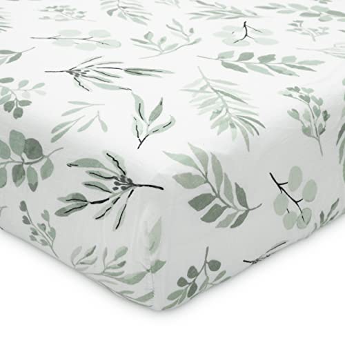 Image of Organic Muslin Fitted Crib Sheet - Organic Crib Sheet for Standard Crib and Toddler Mattresses, Soft and Breathable, Eucalyptus Leaves, 28”x52”