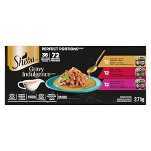 Sheba Gravy Indulgence Perfect Portions Adult Wet Cat Food Chicken & Beef & Salmon Entrée in Extra Gravy Variety Pack, (36) 75g Trays