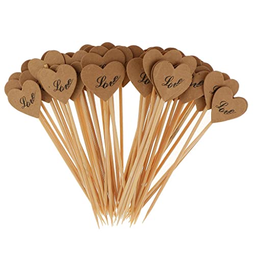 HEAVENGLOW 50x Vintage Kraft Paper Heart Cupcake Topper Food Picks Wedding Decor Love