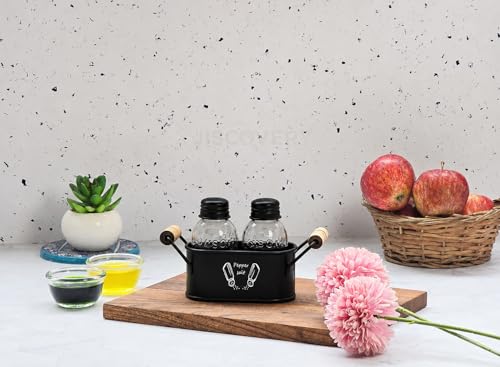 Image of JISCOVERY Salt and Pepper Dispenser Set for Dinning Table with Stand| Glass Bottom Spice Shaker Set with Metal Holder| Spice Sprinklers| 100 ML Each (Black)