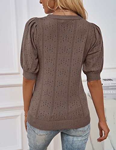 MEROKEETY Women's 2025 Spring Puff Short Sleeve Sweater Tops Crew Neck Crochet Knit Soft Pullover Shirt4