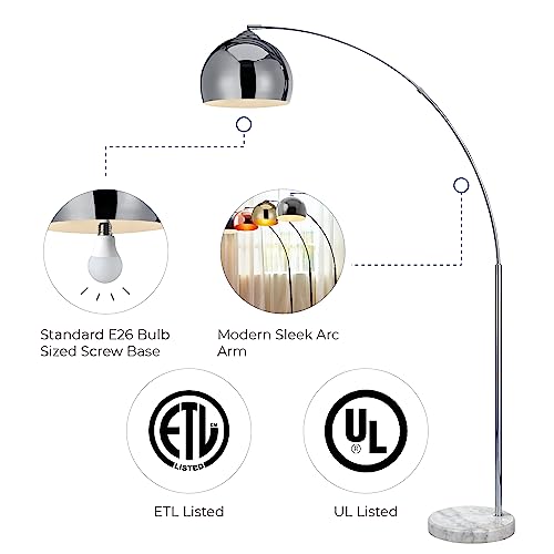 Image of Teamson Home Arquer 68.1 inch Arc Floor Lamp for Living Rooms, Home Offices, Dining Rooms, Bedrooms with Faux White Marble Base and Chrome Bell Shade