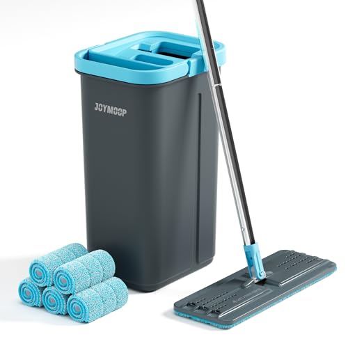 JOYMOOP Juego de mopa y Cubo con escurridor, 5 Almohadillas Microfibra Reutilizables, mopas para Pisos y Paredes, mopa Plana Manos Libres para Uso en hogar - Gris + Azul Cian