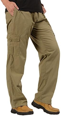 CardanWolf Men's Casual Cargo Pants Loose-fit Outdoor Straight Pants with Multiple Zipper Pockets, Elastic Waist for Hiking Camping Travel 5XL - Khaki