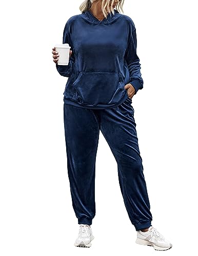 IN'VOLAND Womens 2 Piece Outfit Jogging Hoodie and Sweatpant Velour Sweatsuit Set Sportswear with Pocket 5X