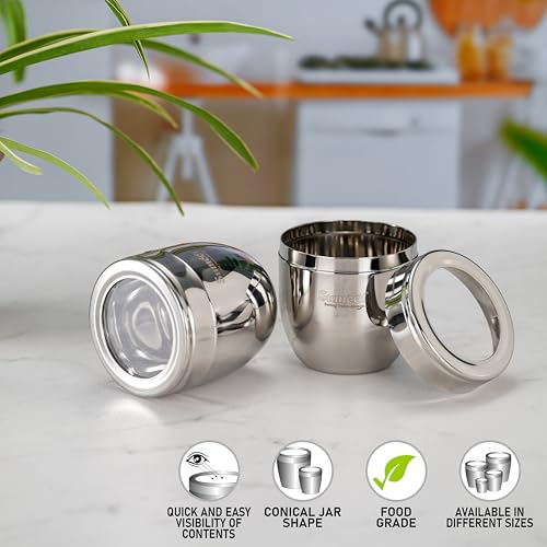 Image of Sumeet Stainless Steel Conical Shape Canisters /Dabba /Storage Containers for Kitchen with See Through Lid, Set of 2 Pcs, 500ml Each, 9cm Dia, Silver