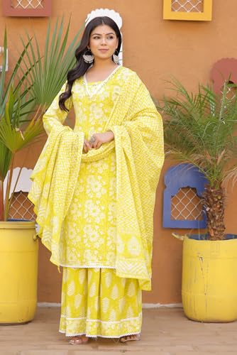 Image of PARTHVI Women's Printed Calf Length Straight Kurta & Skirt With Dupatta Set