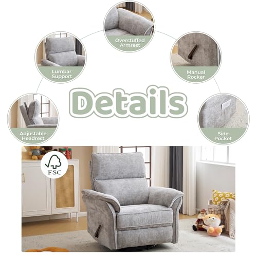 Image of Oversized Swivel Rocker Recliner with Adjustable Headrest, Rocking Chair Nursery with Overstuffed Armrest, Manual Rocker Recliner Nursery Chair for Living Room,Light Grey