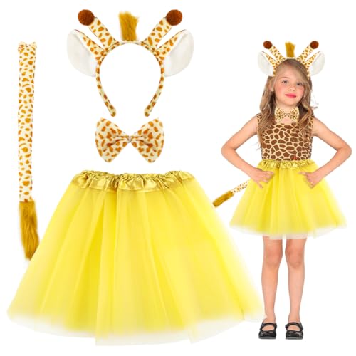 Bluelves 4 Stück Giraffen Kinder Kostüm,Giraffenohr Stirnband mit Kinder Tutu Rock Schwanz Fliege,Dschungel Tierkostüm Set für Karneval Party Halloween Kostüm Mädchen