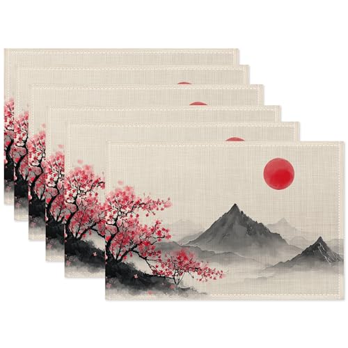 Cherry Blossom Red Sun Placemats Set of 6,Moutain Japan Washable Kitchen Dining Linen Table Mats for Home Party Dinner Indoor Outdoor 12x18Inch
