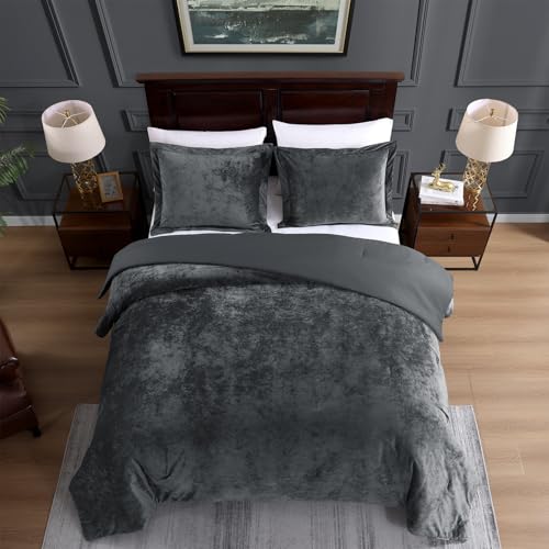 TAMGHO Crushed Velvet Grey Comforter for Queen Size Bed, Luxury Soft Velvet Bedding Set for All Seasons, 3pc Grey Bed Set Queen, 1 Comforter (92"x96") and 2 Pillow Shams (20"x26"+2")