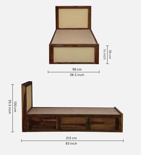 Image of Solid Sheesham Wood Jaipori Single Bed with Box Storage | Wooden Single Bed Cot Palang Furniture for Bedroom Living Room Home and Hotel (Provincial Teak Finish)
