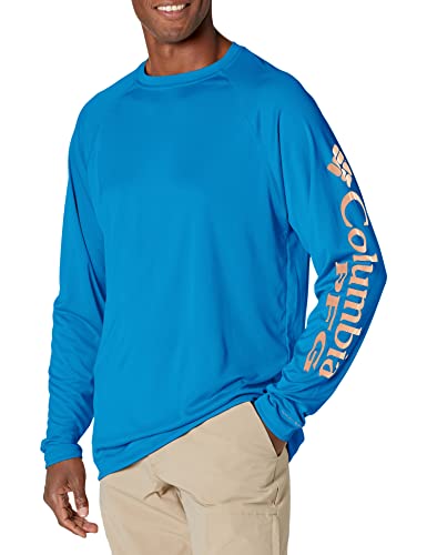 Columbia Men's Standard PFG Terminal Tackle UPF 50 Long Sleeve Fishing Shirt, Vivid Blue/Bright Nectar Logo, Large