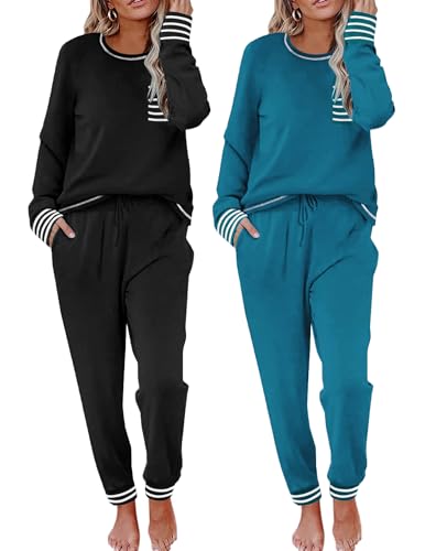 Image of Ekouaer 2 Pack Womens Pajama Sets Long Sleeve Lounge Sets Soft Pj Sleepwear Loungewear