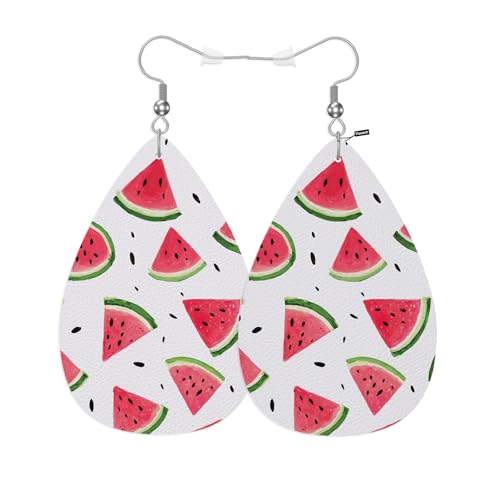 Vosach Watermelon Teardrop Earrings For Women Friends Watercolor Summer Fresh Fruit Watermelon Slices Dangle Earrings Water Drop Earrings Leather Earrings