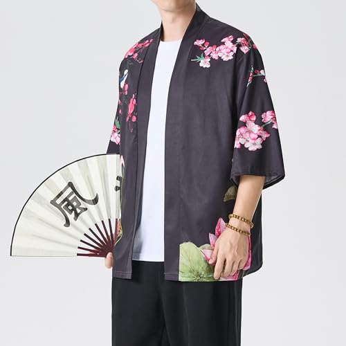 Image of PRIJOUHE Men's Lightweight Kimono Jacket Seven Sleeve Open Front Cardigan Coat Japanese Style Bathrobe