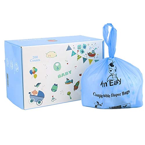 MOM EASY Biodegradable Poop Bags Tie Handle, Compostable Diaper Sacks, 200 Counts Diaper Bags Blue Color