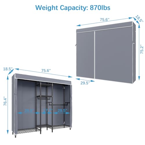 VIPEK V6C Heavy-Duty Portable Clothes Rack with Cover - 5 Tier Wire Wardrobe, Black Metal Frame, 75.6 L x 18.5 W x 76.4 H, 870 LBS Capacity