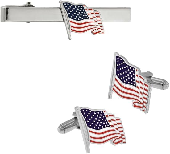 Image of PinMart's Gold Color Plated and Silver Made in the USA American Flag Enamel Lapel Pin, Cufflink & Tie Clip