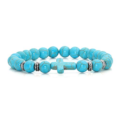 Xusamss Fashion Religious Cross Bracelet Agate Turquoise Beads Stretchable Bracelet(Green White)
