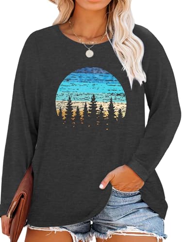 MK Shop Limited Womens Plus Size Long Sleeve Graphic Tops Cute Cusal Sunrise Sunset Palm Tree Vintage Print Tees Fall Round Neck Shirts Grey