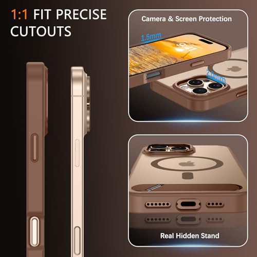 Image of GUAGUA Case for iPhone 16 Pro with Invisible Kickstand, Satin Skin Feel Matte Anti-Scratch, Slim Military-Grade Shockproof Protective Semi-Transparent Cover for iPhone 16 Pro 6.3 inch, Brown