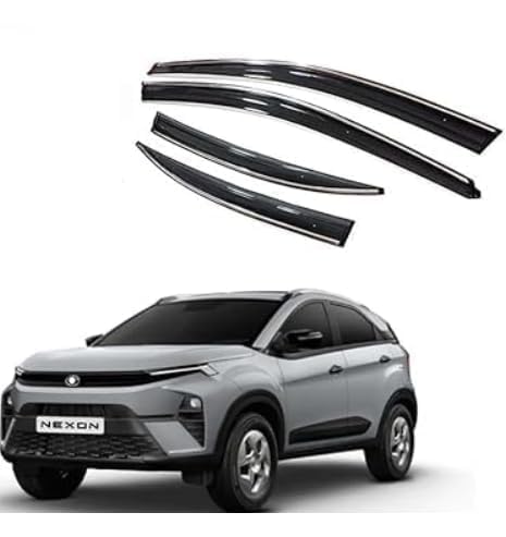 Unbreakable Chrome Line Door Window Visor Wind Rain Guard Deflector Trim for Front & Rear Left/Right Door Visor - Compatible with Tata Nexon EV (2020 Onwards)