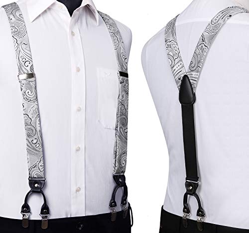 Image of HISDERN Suspenders for Men Paisley Floral Bow tie Suspender Pocket Square Sets Adjustable Y Shape 6 Clips Wedding Braces