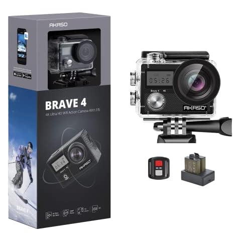 AKASO Brave 4 Action Camera, Ultra HD with EIS 30m Underwater Camcorder 4K 20MP WiFi Waterproof Camera with Remote Control, 2 Rechargeable Batteries and Mounting Accessories Kit Cover
