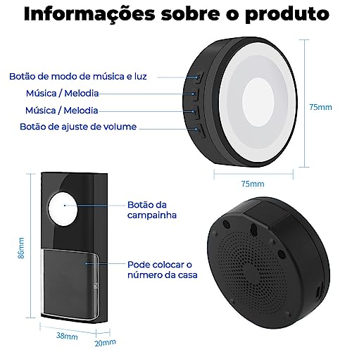 Campainha sem fio, Função de memória, Campainhas à prova d'água, IP55 à prova de água, 60 melodias,