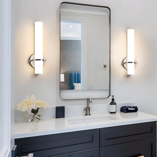 Image of AIJIASI Brushed Nickel Wall Sconces Set of Two - 15 inch Modern Bathroom Sconce 15W 3000K Dimmable LED Sconces Wall Lighting, Indoor Wall Sconce Light for Living Room Corridor Mirror Bedroom Stairs