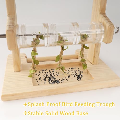 Image of Bird Playground, Parrot Foraging Toy, Wooden Perch with Rotating Drum, Exercise & Feeding Center for Small & Medium Birds