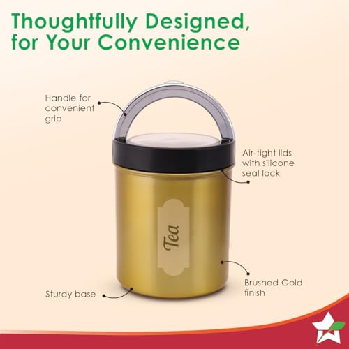 Image of Wonderchef Ambrosia Kitchen Organiser 3 Pc. Set with See-through Lid for Kitchen /Dining Table, Store Tea Coffee Sugar, Airtight Transparent Lid with Silicone Lock Mechanism, 1-Yr Warranty, Gold Finish