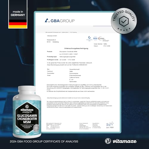 VITAL-Komplex mit Glucosamin, Chondroitin, MSM, hochdosiert, 240 Kapseln für 2 Monate mit Vitamin C, Natürliche Nahrungsergänzung ohne Zusätze, Made in Germany