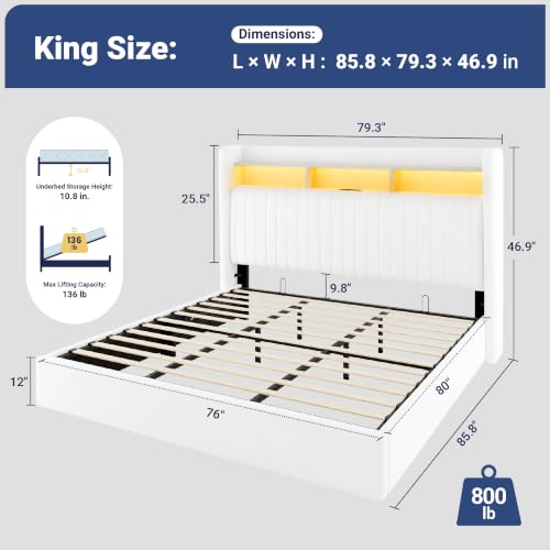 Image of Allewie King Size Lift Up Storage LED Bed Frame, Charging Station, White