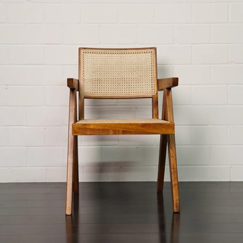 Image of Solid Wooden Rattan Arm Lounge Chair | Dining Chair for Living Room, Hall and Office (Black Teak Finish) | 50D x 50W x 90H CM