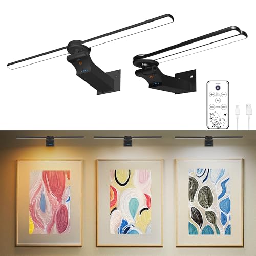 Image of 2 Pack Picture Light for Wall, 18in Rechargeable Wall Art Light with Timer and Dimmable, Painting Frame Light with Remote Control Display for Wall Painting, Frame, Portrait, Dartboard (Black)