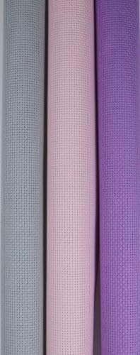 Image of KCS 3 pc of 15 inch x 18 inch(38cmx45cm) 14 Count Cross Stitch Cotton Aida Cloth Needlework Rolled Fabric Box,14CT,Light Grey+Pink+Lavender